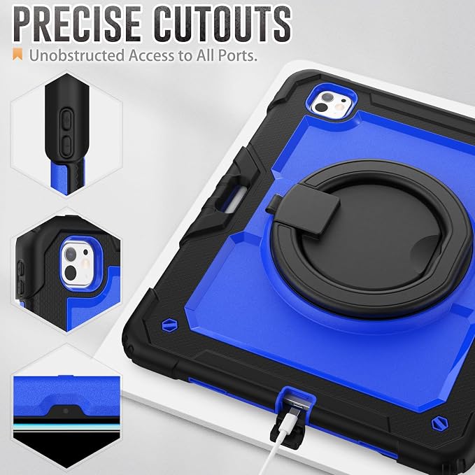 for iPad Pro 11 inch Protective Case M5 2025/M4 2024: Heavy Duty Shockproof Case with Pencil Holder - 360°Rotating Handle/Stand - Screen Protector - Shoulder Strap Black/Sky Blue