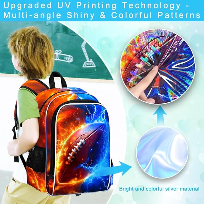 gxtvo 3PCS Boys Rugby Bookbag, 17" Kids Backpack with Lunch Box, Water Resistant Middle Elementary School Bag - Fire & Lightning Rugby