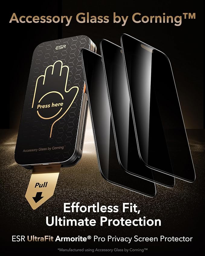 ESR 3 Pack for iPhone 16 Pro Max Privacy Screen Protector Armorite Pro | Accessory Glass by Corning™ 10X Impact Absorption Anti-Spy Full-Coverage Protection UltraFit Tray Bubble-Free