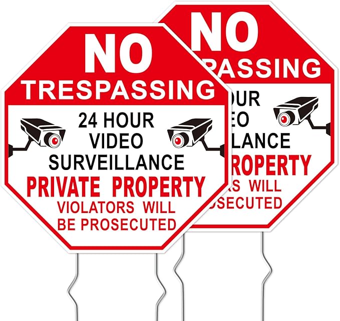 GXGGUS NO Trespassing Signs Private Property Video Surveillance Sign, 2-Pack 10"x10" Double-Sided Signs, Corrugated Plastic, Metal Stakes, Outdoor Yard Sign for Home and Front Door Land, and Garden, Lawn
