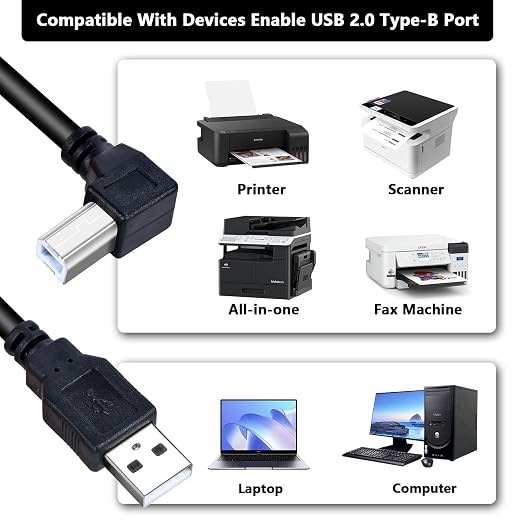 USB 2.0 Printer Cable 6FT(10 Pack) b Right Angle 90 Degree Adapter High Speed Printer/Scanner USB Cable 2.0 A Male to B Male Cord with 480Mbps(6ft A to B Right Angle).