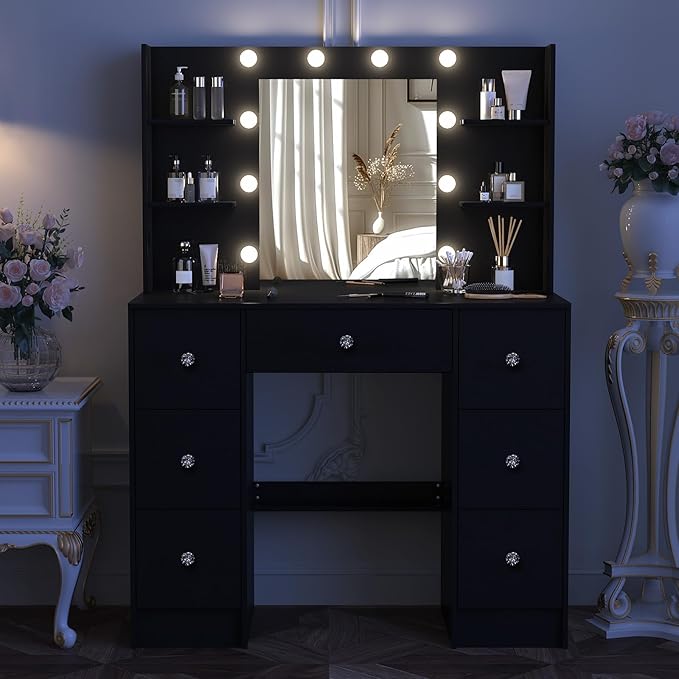JBLCC Black Vanity Desk with Mirror and Lights, 39.4''W Makeup Vanity with 3-Color Lighted Mirror, 7 Drawers & Open Shelves, Big Vanity Table for Bedroom, Girls & Women