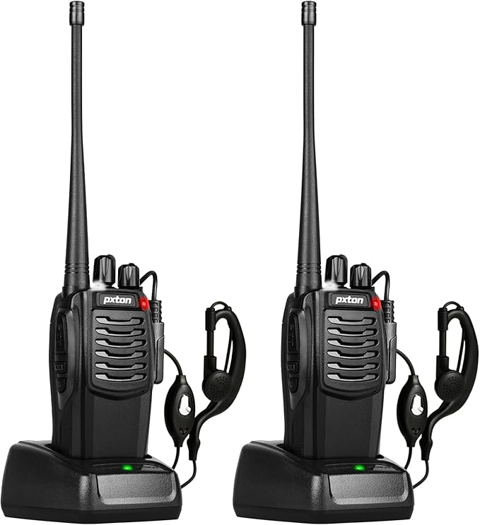 pxton S1 walkie talkies for Adults with earpieces and Rechargeable 1500mAh Li-ion Battery，walkie Talkie has VOX，TOT，Emergency Alarm，Battery Low Alert，Flashlight，Scan Function（2 Pack）