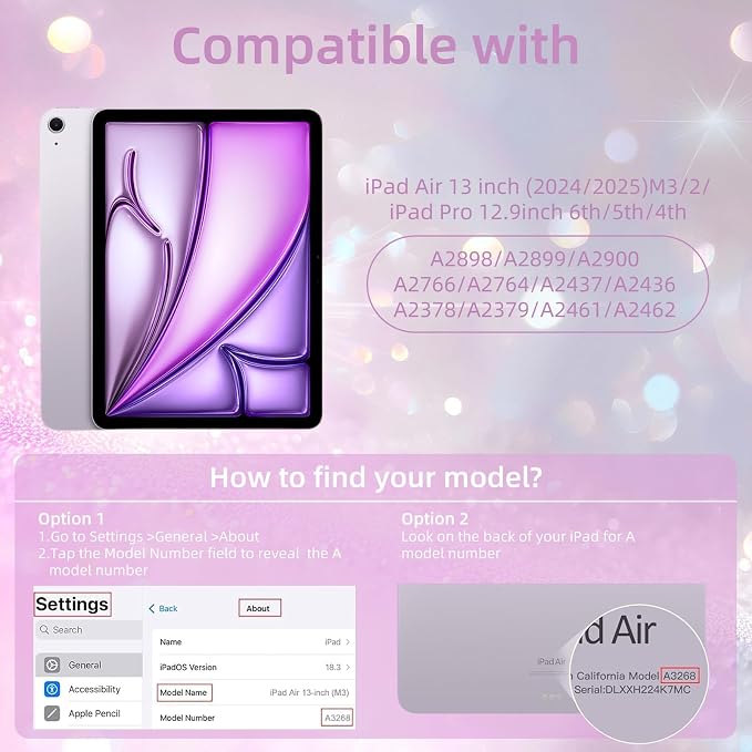 Case for iPad Air 13 Inch (M4/M3/M2 2026/2025/2024) &amp iPad Pro 12.9 6/5th Gen (2022/2021) Glittering Sparkly Cover with Shiny Clear Back Shell Trifold Stand Case with Pencil Holder Black
