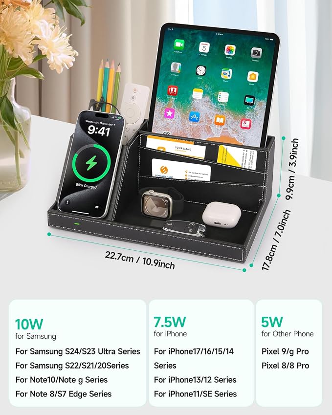 Fast Wireless Charging Station with Desk Organizer for iPhone 17/16/15/15 Pro/14/14 Pro Max/14 Pro/14 Plus/13/13 Pro Max/13 Pro/and iPhone 12/11 Series Nightstand Desktop Organizer for Home Office