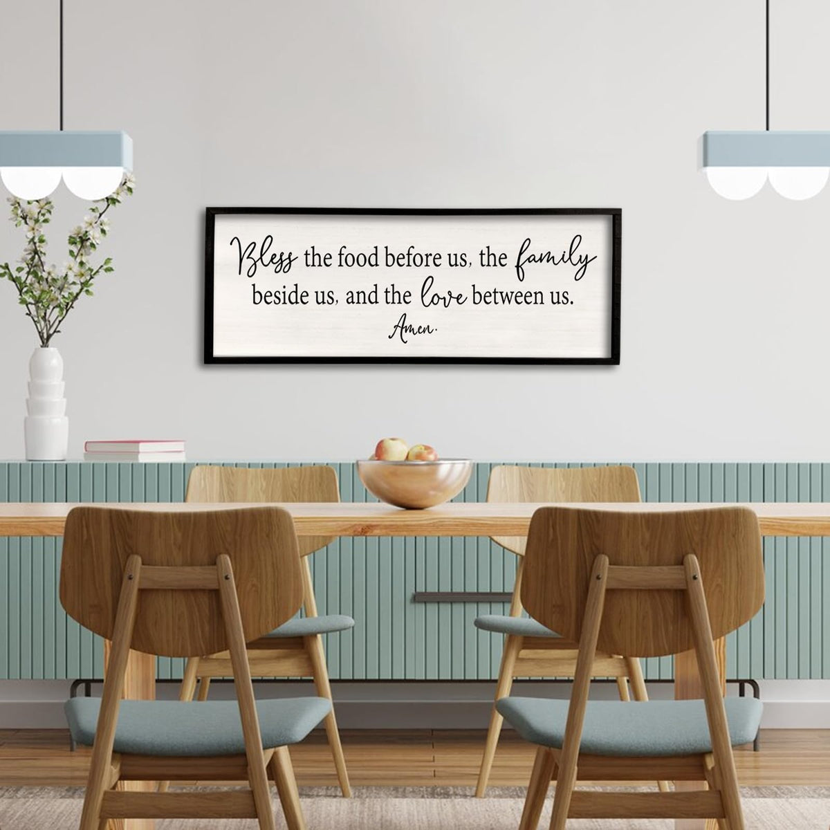 Bless the Food Before Us Sign Wall Decor 40"X15" Large Farmhouse Dining Room Wall Decor Framed Wood Rustic Home Wall Art Kitchen Decoration (Black)