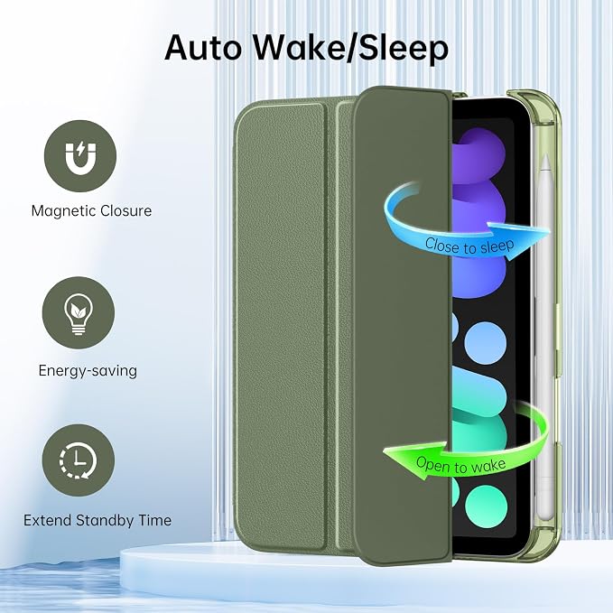 MoKo for iPad mini A17 Pro Case 8.3 Inch 2024 iPad mini 7th/6th Case 2021 | For iPad Mini Case with Pencil Holder Light Trifold Smart Protective Cover with Hard PC Translucent Back Shell Agave Gree