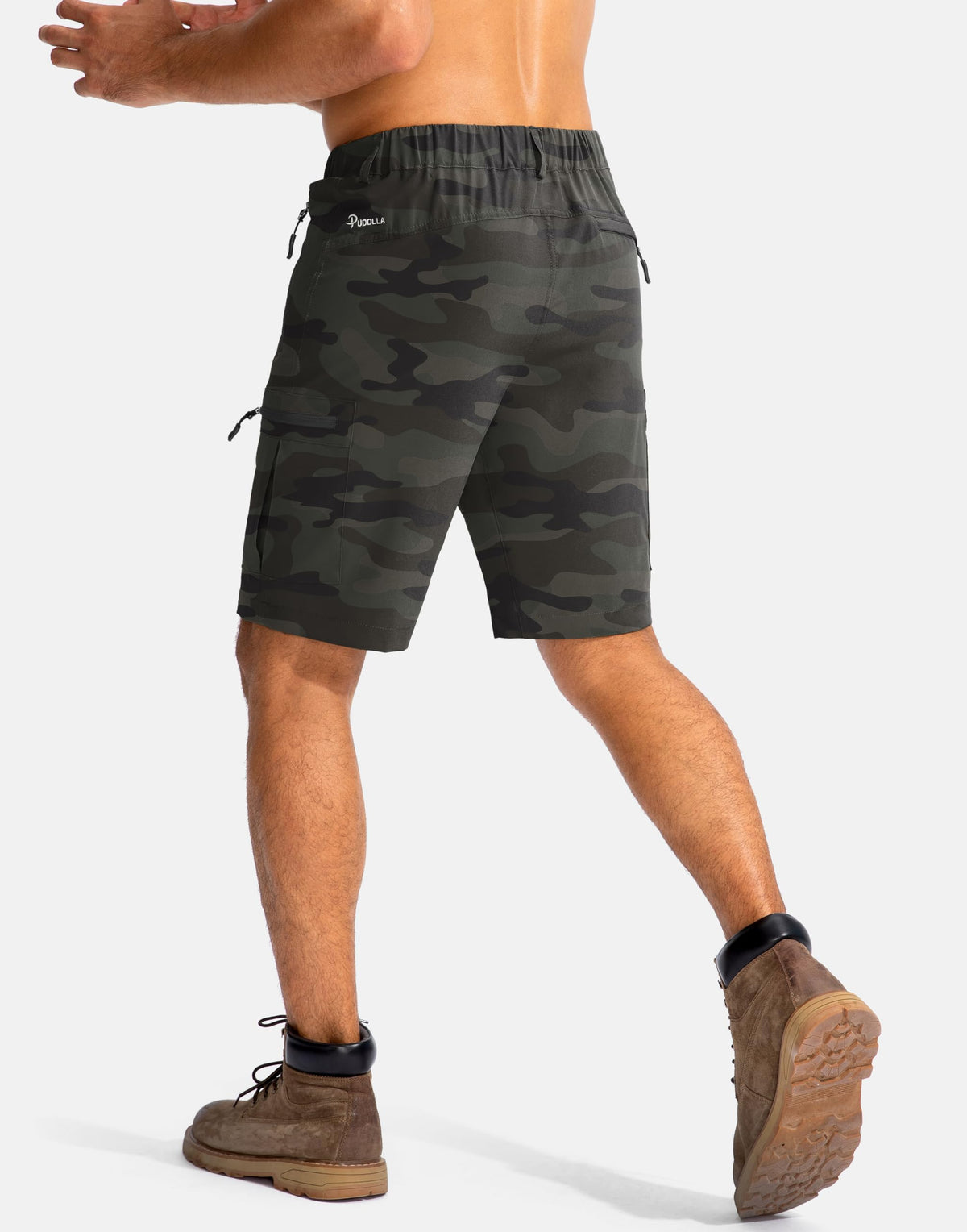 Pudolla Men's Hiking Cargo Shorts 9" Lightweight Outdoor Work Shorts for Men Travel Golf Camping Casual with 5 Zipper Pockets(Green Camo Large)