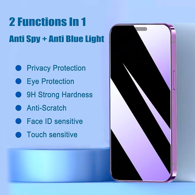 2 Pack Compatible with iPhone Privacy Screen Protector Anti-Spy Anti-Blue Light Eye Protection Tempered Glass Film Scratch Resistant Full Coverage Case Friendly (for iPhone 16 Pro Max)