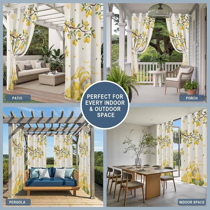 Summer Outdoor Curtains for Patio Lemon Gnome Leaf Linen Texture Waterproof