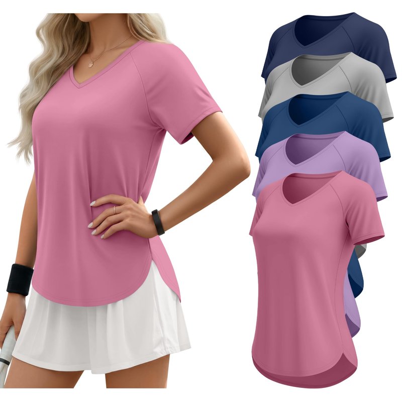 Sweetyweee 5 Pack Women Workout T-Shirts Quick Dry UPF 50+ Sun Protection Yoga Gym V Neck Raglan Tops Side Slits Curved Hem(Navy Blue, Light Gray, Denim Blue, Purple, Pink,X-Large)