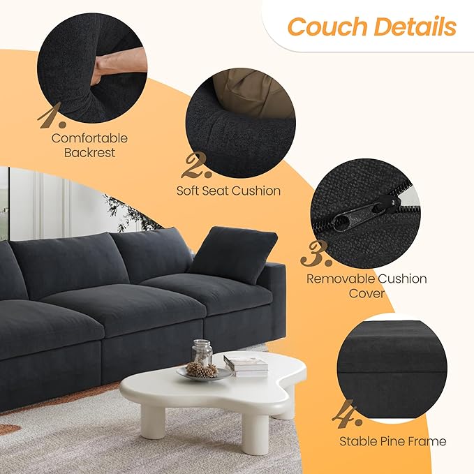 JACH Sectional Couches for Living Room, Deep 4-Seat Modular Convertible Couch, Couch Cushion Covers Removable, Comfy Sofas for Living Room Apartment (Black)
