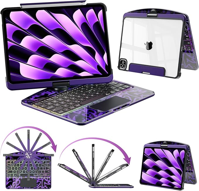360°Rotation Bluetooth Keyboard Case for iPad 11th Gen（A16）10th 10.9 inch | iPad keyboard case 11/10th generationTouchpadKeyboard Battery Level Visualization360° rotateand 180° flip7-color backlit