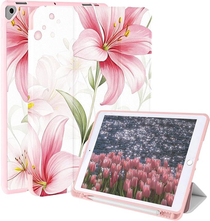 Case for iPad 9th/ 8th/ 7th Generation Case 10.2&amp10.5 Inch (2021/2020/2019 Release) Slim Lightweight Soft Trifold Back Cover with Pencil Holder &amp Auto Sleep/Wake Cover Cherries Cheetah Bows