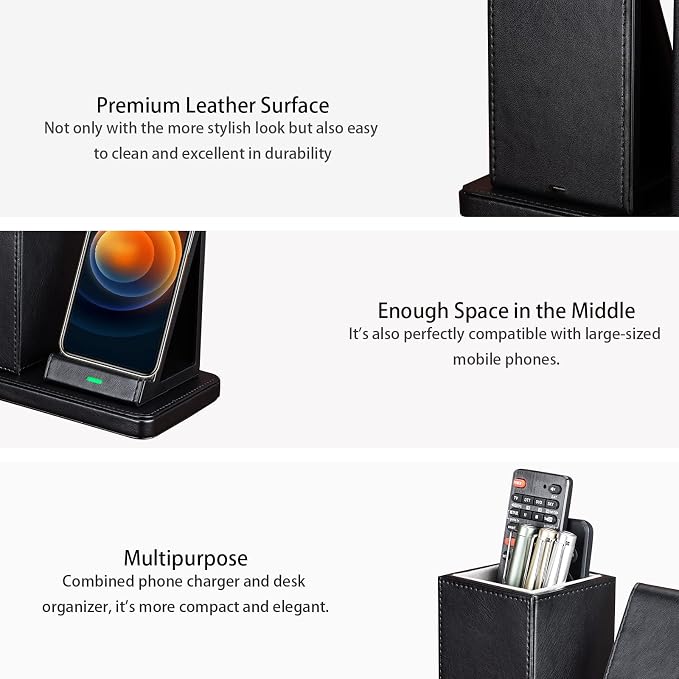 Wireless Charger with Desk Organizer Wireless Charging Station for iPhone 13/13 Pro Max/13 Pro/12 Series/11/XS Max/XR/X/8Plus/SE 2 Wireless Charging Stand with Leather… (Black)