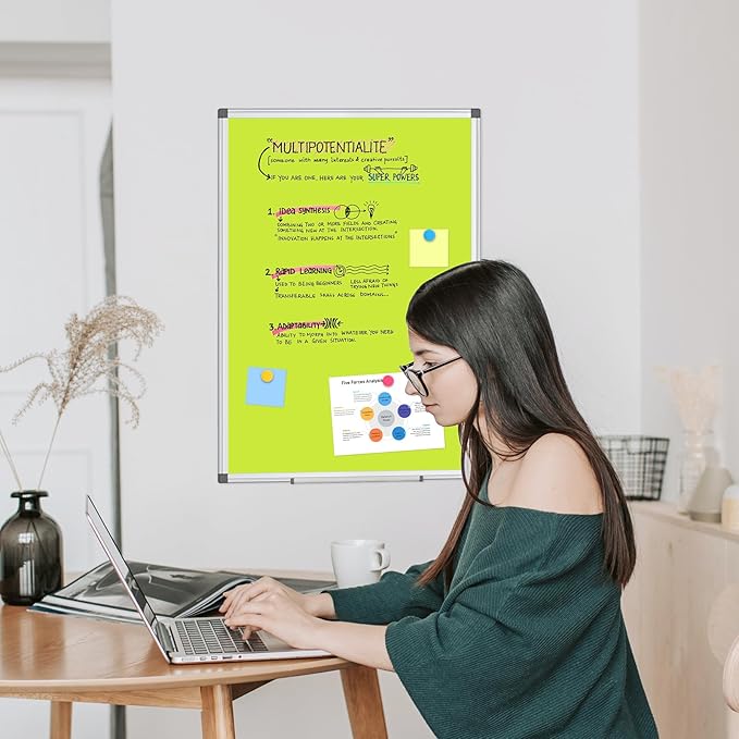 WALGLASS Magnetic Whiteboard 36"x24" Dry Erase White Board for Walls with Pen Tray, Aluminium Frame and Dry-Wipe Writing Surface for Drawing, Home, and Office (Green)