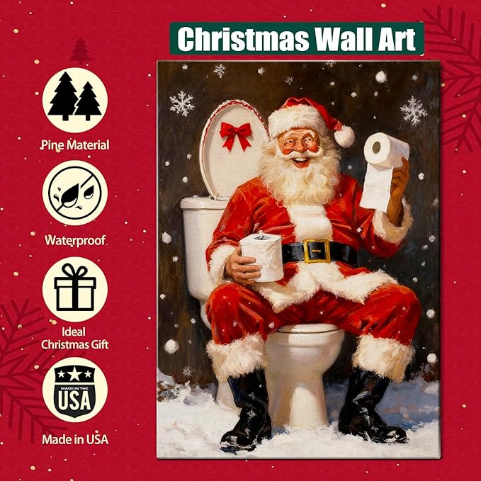 Vintage Humorous Santa Christmas Wall Art - Comical Canvas Print for Bathroom Decor, Ready to Hang Framed Picture, Perfect Funny Christmas Gifts & Quirky Holiday Decorations