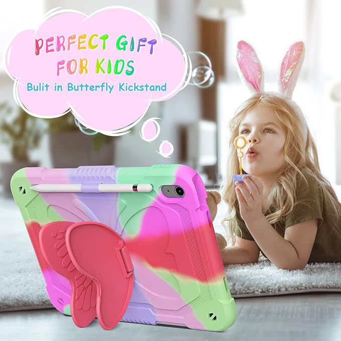 Ambison Kids Case for iPad A16 11th/10th Generation 11''/10.9'' Multicolor | 9H Tempered Glass Screen Protector Butterfly Stand Shoulder Strap Heavy DutyShockproof Pencil Holder