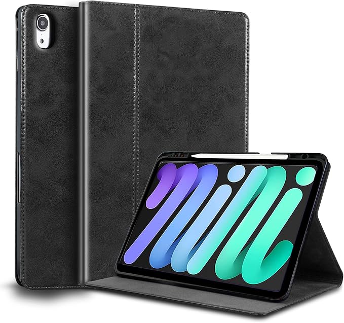 Leather Case for iPad mini 8.3 Folio CoverBuilt-in Pencil Holder | Genuine Leather Smart Protective CaseFits iPad Mini A17 Pro 7th 2024/6th 2021Auto Wake/SleepShockproof &amp Drop-Proof.Black