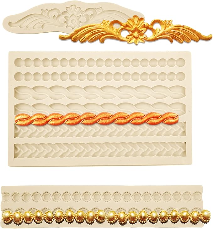 MUYULIN Pearl Fondant Molds, 3 Pack Silicone Pie Decoration Crust Mould, for Cake, Chocolate, Cupcake, Knit Rope, Game Pie, SugarCraft, Clay