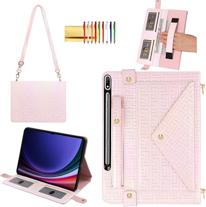 Handbag Case for Samsung Galaxy Tab S10 FE/S9 FE 10.9/S9/S8/S7 11 Techcircle Folio Stand Crossbody Wallet Protective Cover with S Pen Holder &amp Card Slots Hand Strap &amp Shoulder Strap Black