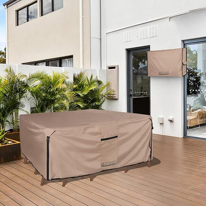 ULTCOVER Rectangular Patio Heavy Duty Table Cover - 600D Tough Canvas Waterproof Outdoor Dining Table and Chairs General Purpose Furniture Cover Size 126L x 74W x 28H inch