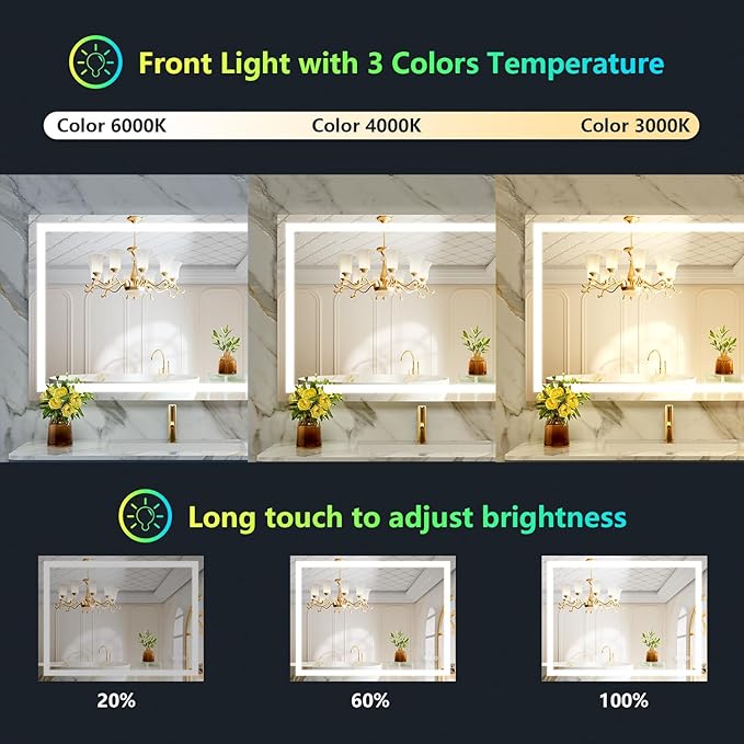 YEELAIT 40x30 Inch RGB LED Bathroom Mirror Front Light and RGB Backlit Lighted Vanity Mirror for Bathroom Wall Mounted Dimmable Anti Fog Memory Shatter-Proof IP54 Waterproof Horizontal/Vertical