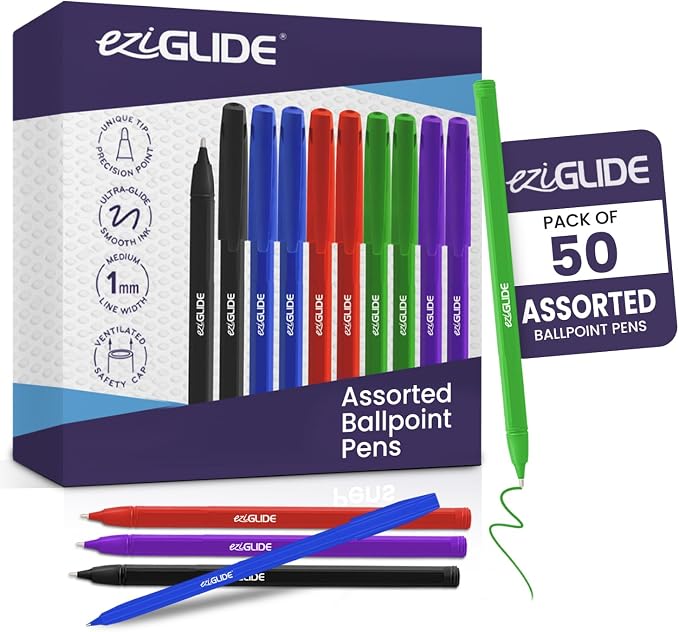 50-Pack Assorted Ballpoint Pens Easy Grip &amp Medium Point (1.0mm) | Precise Writing &amp Ergonomic Grip – Multipack Ball Point Pens Ideal for Home Office Teachers Exams Work &amp Stationary