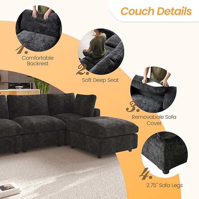 JACH 67" Love Seat Sectional Couches with Chaise Ottoman, Modern Convertible Modular Sofa, Cloud Sectional Couch, Sofa Covers Washable, Minimalist Couch for Living Room, Bedroom, Apartment, Black