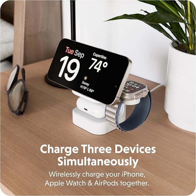 HyperJuice 3-in-1 Wireless Charger Qi2 Magnetic Stand — Fast Charger for iPhone Apple Watch Airpods &amp Qi Compatible Devices — Compact and Adjustable 3 in 1 Design