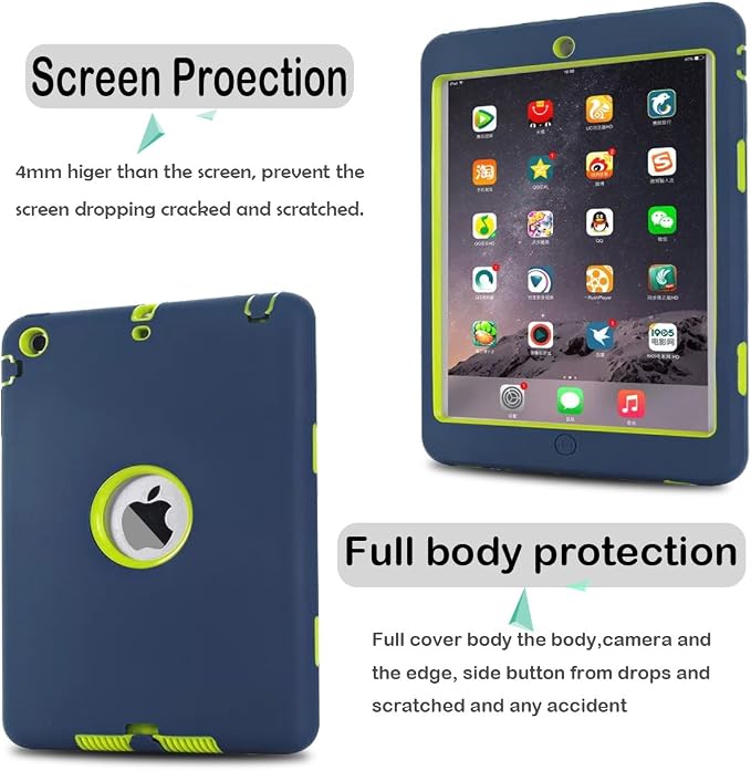 MAKEIT CASE for iPad mini Case for iPad mini 2 3 Case 3in1 Hybrid Shockproof Case for iPad mini 1/2/ 3 (Dark Blue/Fluorescent Green)