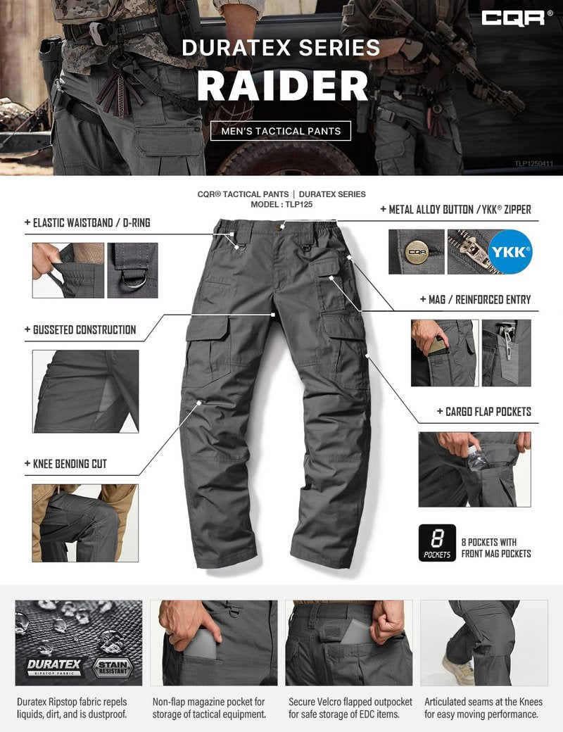 CQR Men's Tactical Pants, Water Resistant Ripstop Cargo Pants, Lightweight EDC Work Hiking Pants, Outdoor Apparel, Duratex Mag Pocket Charcoal, 38W x 34L