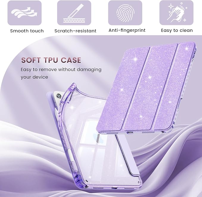Case for iPad A16 11th/10th Generation 2025/2022 Purple | Glitter Shockproof 10th gen ipad case with Pencil Holder Trifold Stand Auto Wake/Sleep Sparkly ipad a16 case clear