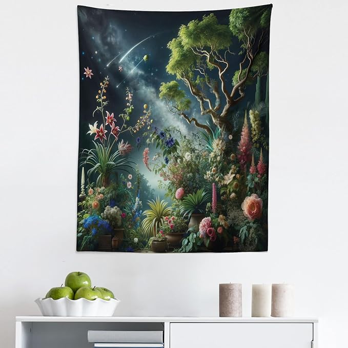 Ambesonne Aesthetic Tapestry, Exotic Forest of Twilight with Trees Bushes and Flowers Falling Stars, Fabric Wall Hanging Decor for Bedroom Living Room Dorm, 23" X 28", Green Dark Night Blue