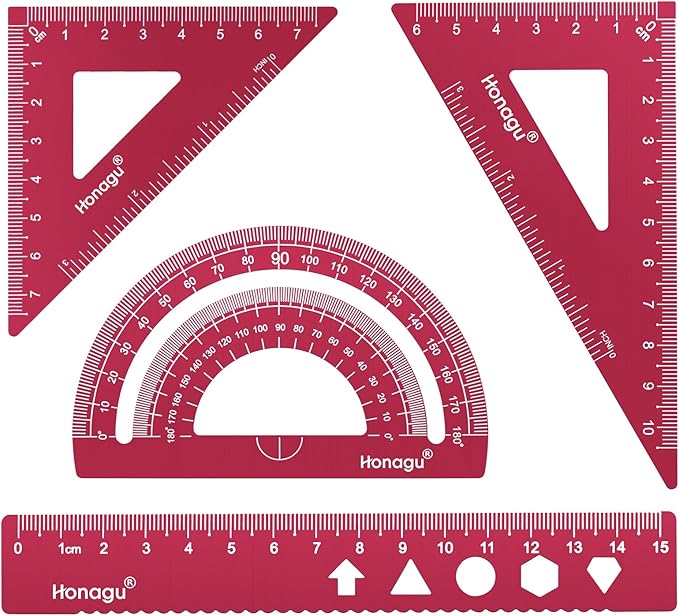Honagu Triangular Ruler Set, 4 Pieces Aluminum Alloy Ruler, Metal Drafting Ruler, Geometric Protractor for Students,Teacher, Draftsmen, Engineers,Gift Stocking Stuffers for Kids (15cm/5.9inches, Red)