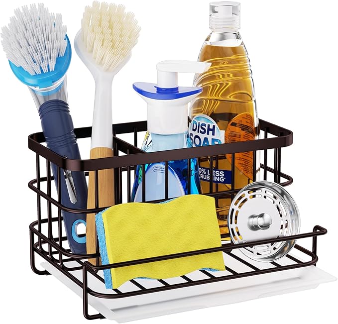 HapiRm Multifunctional Kitchen Sink Caddy with Removable Drain Tray, Quick Draining Rustproof Sink Organizer, Stainless Steel Kitchen Sponge Holder for Sponge, Cleaning Towel and Scrubber-Bronze