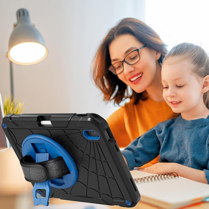for iPad (A16) 11th/10th Generation Case 2025/2022 (11″/10.9″) Sturdy Heavy Duty Full-Body Shockproof Protective Case Rotating Stand Hand/Shoulder Strap (Black)