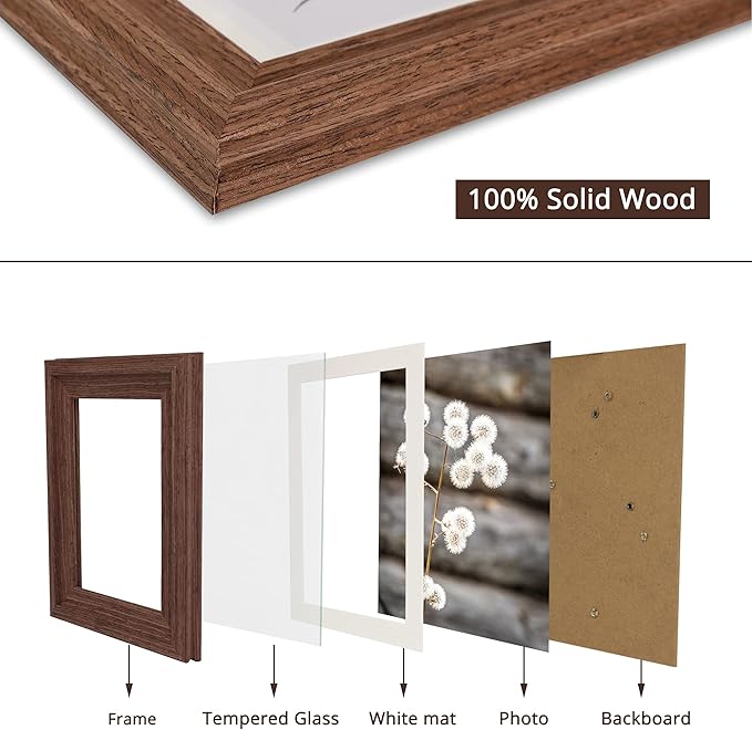 GraduationMall 5x7 Wooden Picture Frames,Display Photos 4x6 with Mat or 5x7 Without Mat,Real Glass,Wall or Tabletop Display,Rustic Brown Set of 2