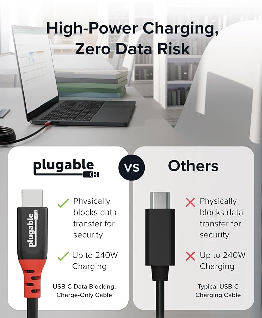Plugable USB C to USB C Cable Data Blocker Charge Only Cable (2m/6.6ft): 240W Safe Fast Charging for MacBook iPhone 15/16 iPad Galaxy S24 XPS and More USBC Devices (USBC-CC2M)