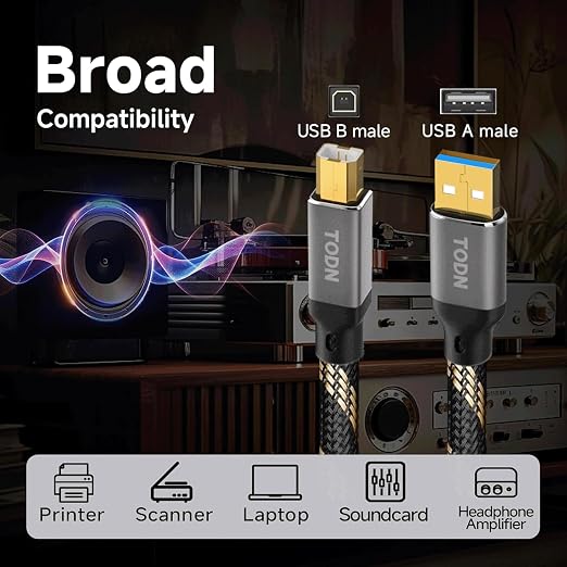 TODN Audiophile USB A to USB B Cable OCC Silver Plated USB Audio Cable HiFi 3.0 USB A to B Cable for DAC Sound Card Digital Piano Mixer Amplifier &amp Printer (9.8FT/3M)