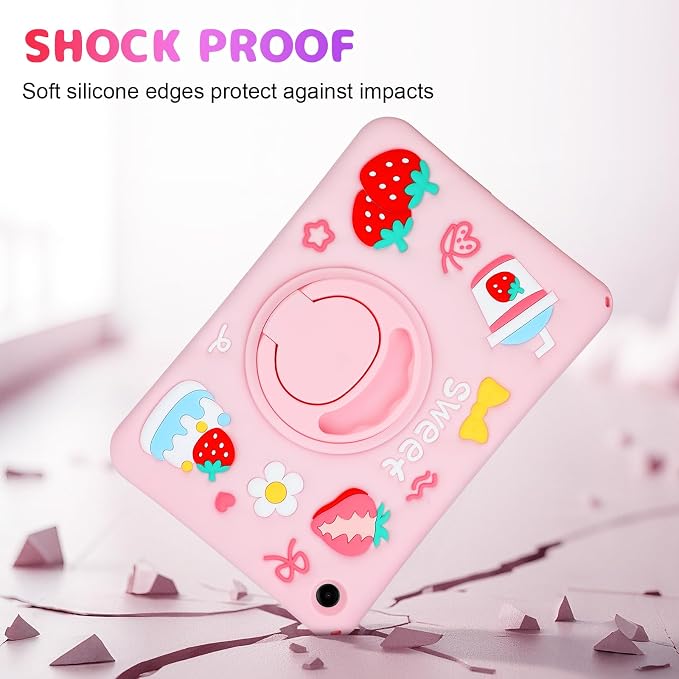 VOFUOE for Samsung Galaxy Tab A11 Plus Case 2025 Galaxy Tab A9 Plus Case 2023 11 Inch for Kids Girls with Shoulder Straps Rotating Stand Strawberry Yogurt Cake Soft Silicone Protective Cover-Pink