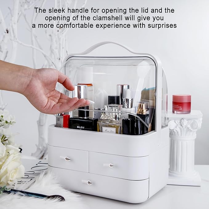 Nervure White Makeup Organizer - Cosmetic Storage Box with Lid - Makeup Organizer Storage Drawersr with Dust Free Cover and Portable Handle for Bathroom Countertop & Dresser & Gift