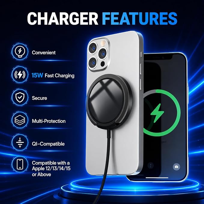 15W Magnetic Wireless Charger with Detachable USB-C Cables &amp USB-A Adapter | Fast Charging Pad with Foldable Stand Support Advanced Cooling Flat MagSafe Fast Charger for iPhone Android &amp Track