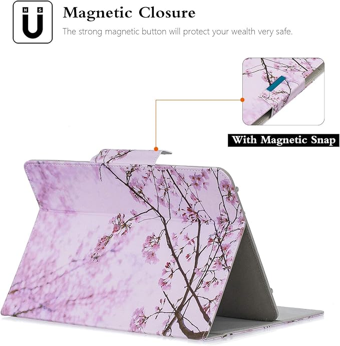 Universal 7 Inch Tablet Case Techcircle Ultra Slim Lightweight PU Leather Stand Folio Flip Wallet Protective Shell Case [Card Slots] [Magnetic Closure] for All 7 Android Tablet PC Cherry Blossom