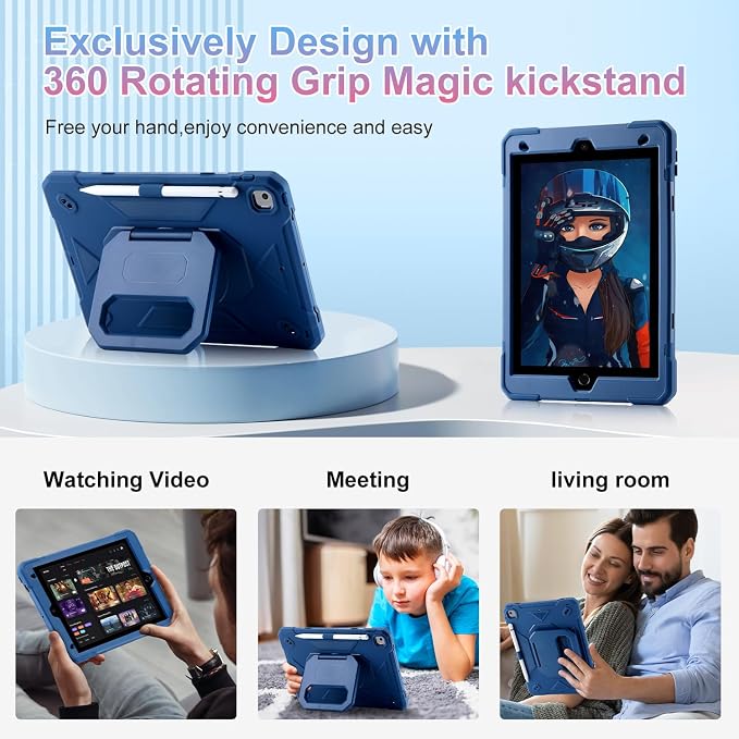 for iPad (A16) 11th Generation Case 11 Inch 2025/ iPad 10th Generation Case 10.9 Inch 2022 with 360 Rotating Grip Magic StandPencil Slot/Key Chain/Carrying Shoulder Strap Cover for iPad 10th Gen