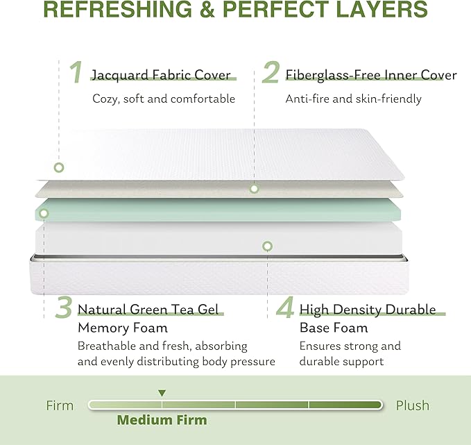 EGOHOME Twin XL Memory Foam Mattress, 6 Inch Bed Mattress in a Box with Cooling Green Tea Gel, Relieve Pressure with Medium Support, CertiPUR-US Certified, 80''L x 38''W, White