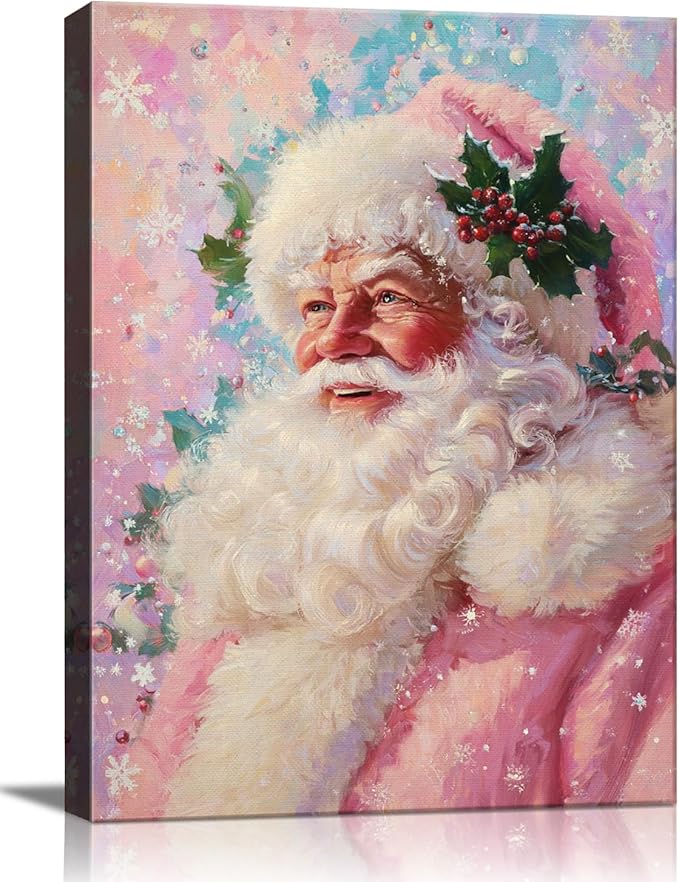 Vintage Pink Santa Claus Girl Christmas Canvas Wall Art - Whimsical Framed Print for Bedroom & Living Room, Unique Christmas Gifts, Playful Christmas Decorations & Pink Winter Decor