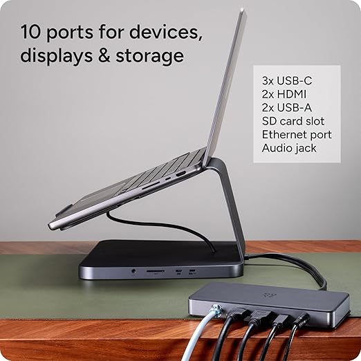 ZAGG Pro Dock – 9-Port Laptop Stand and Docking Station with Satellite Hub, Integrated USB-C Cable, 150W Power Supply, and SD Card Reader – Compatible with Most Laptops and Tablets