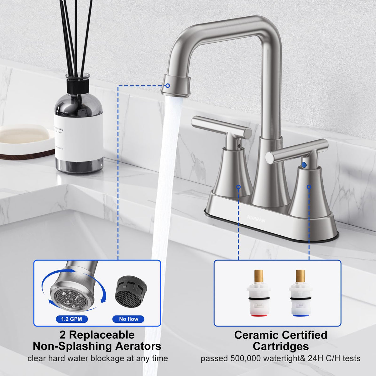 Hurran Brushed Nickel 4 inch Centerset Bathroom Faucet for Sink 2-3 Hole