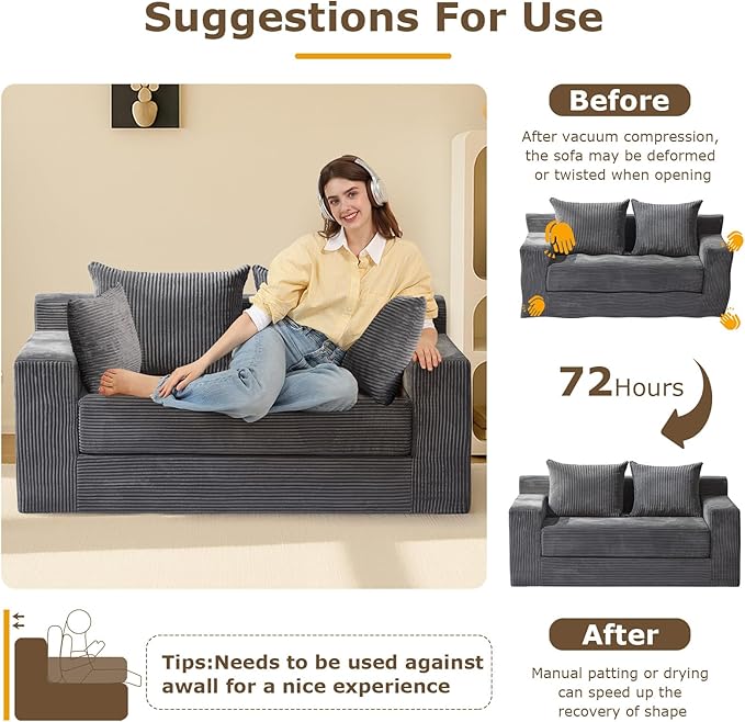 Convertible Sofa Bed, 3 in 1 Loveseat Folding Couch Bed Foldable - Boneless Couch & Floor Futon Sleeper, Corduroy Pull Out Sofa Bed with 4 Pillows for Living Room, Grey